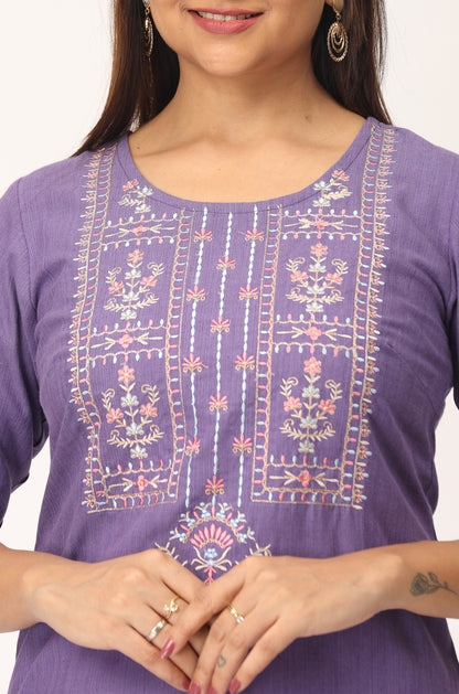 Purple Khadi Embroidery Straight Kurti