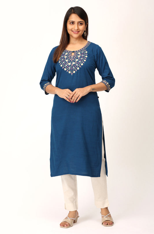 Blue Rayon Slub Embroidery Straight Kurti