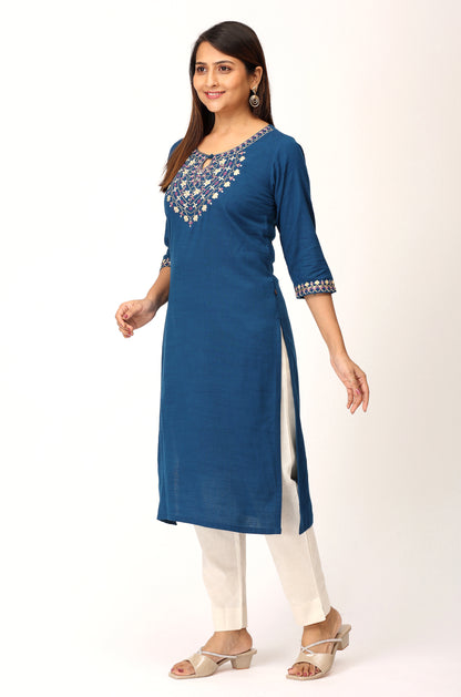 Blue Rayon Slub Embroidery Straight Kurti