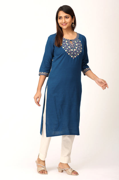 Blue Rayon Slub Embroidery Straight Kurti