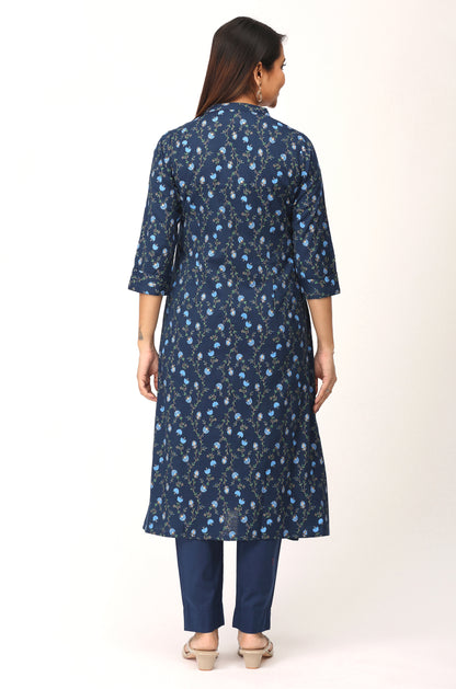 Navy Blue Rayon Slub Printed A-Line Kurti Set - 2Pcs