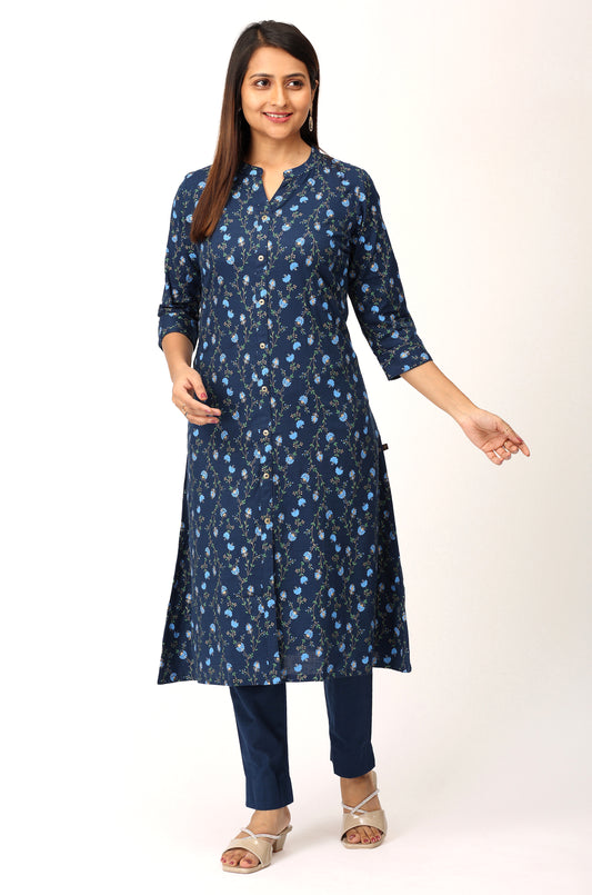 Navy Blue Rayon Slub Printed A-Line Kurti Set - 2Pcs