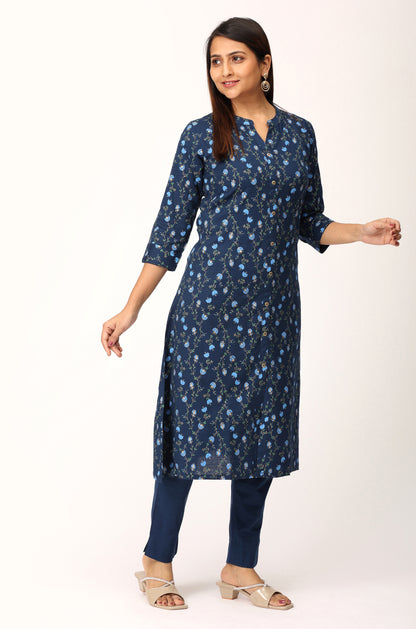 Navy Blue Rayon Slub Printed A-Line Kurti Set - 2Pcs