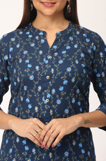 Navy Blue Rayon Slub Printed A-Line Kurti Set - 2Pcs