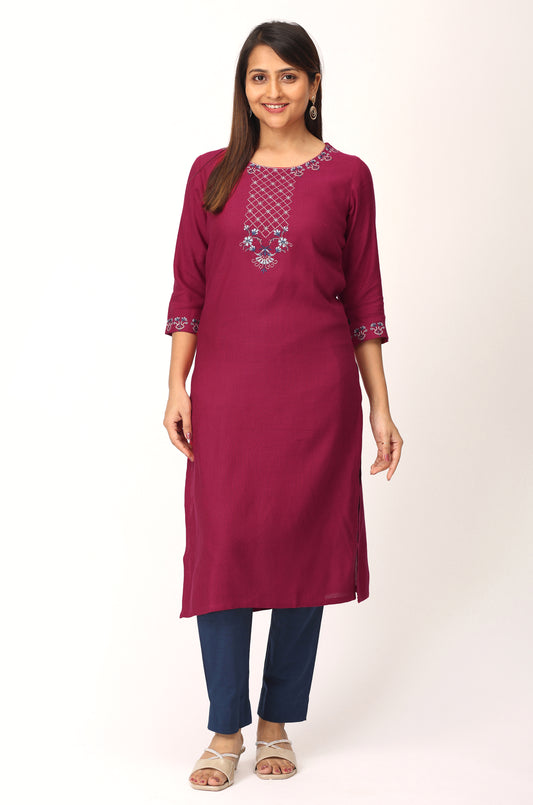 Bright Pink Matty Straight Embroidery Kurti