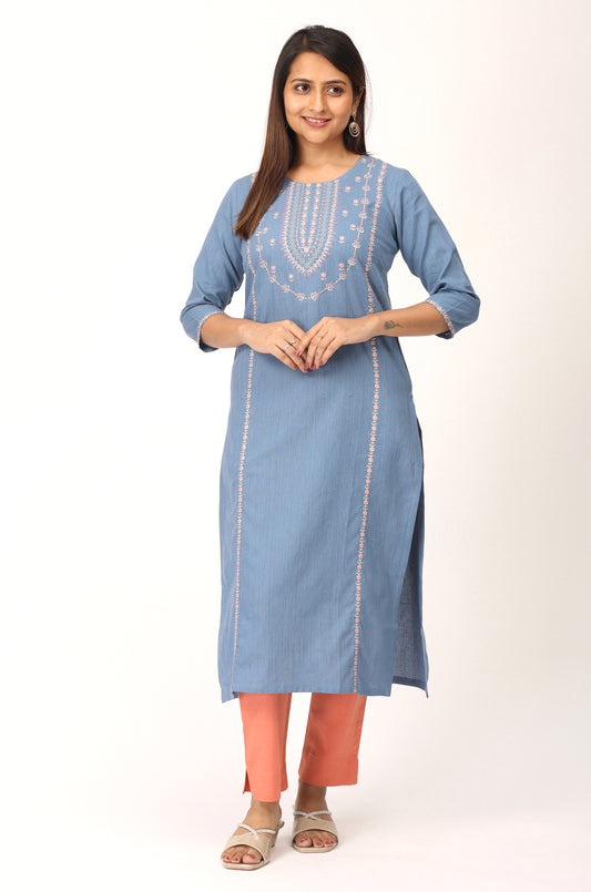 Powder Blue Khadi Embroidery Straight Kurti