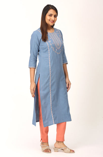 Powder Blue Khadi Embroidery Straight Kurti