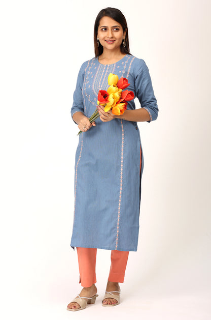 Powder Blue Khadi Embroidery Straight Kurti