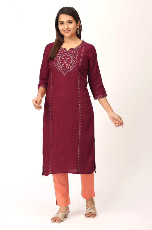 Maroon Matty Embroidery Straight Kurti