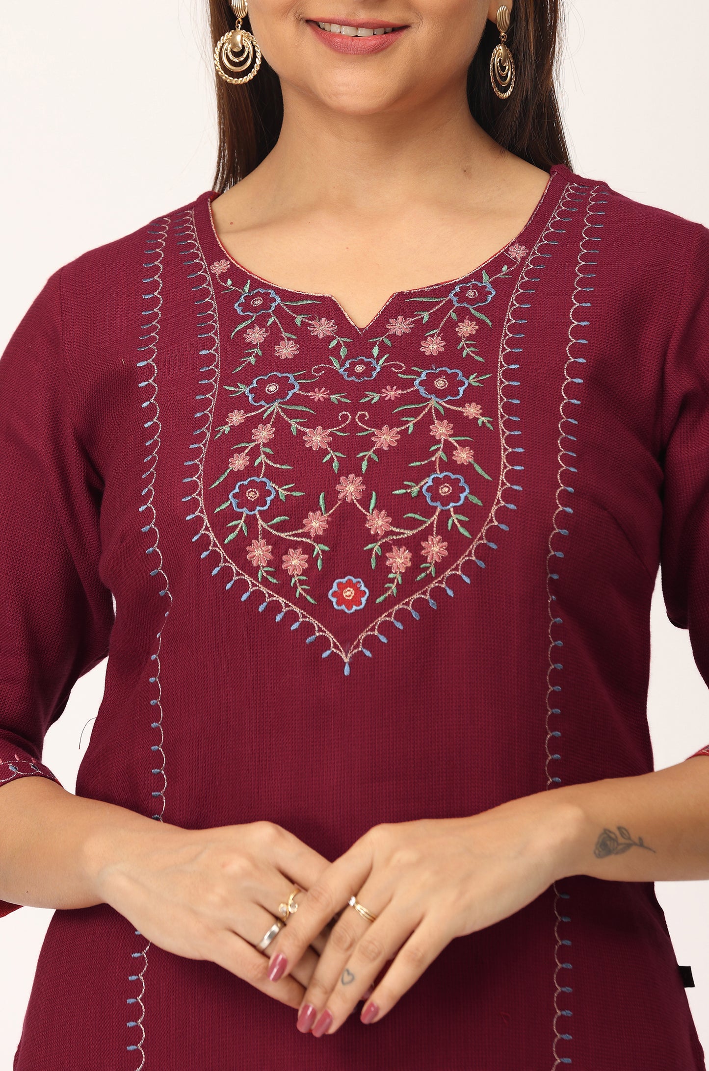 Maroon Matty Embroidery Straight Kurti