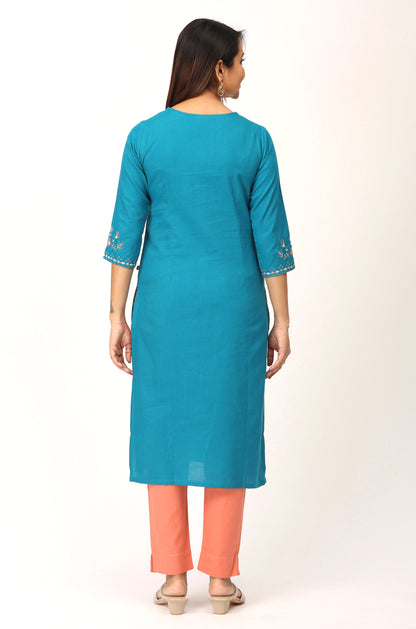Peacock Blue Khadi Embroidery Straight Kurti
