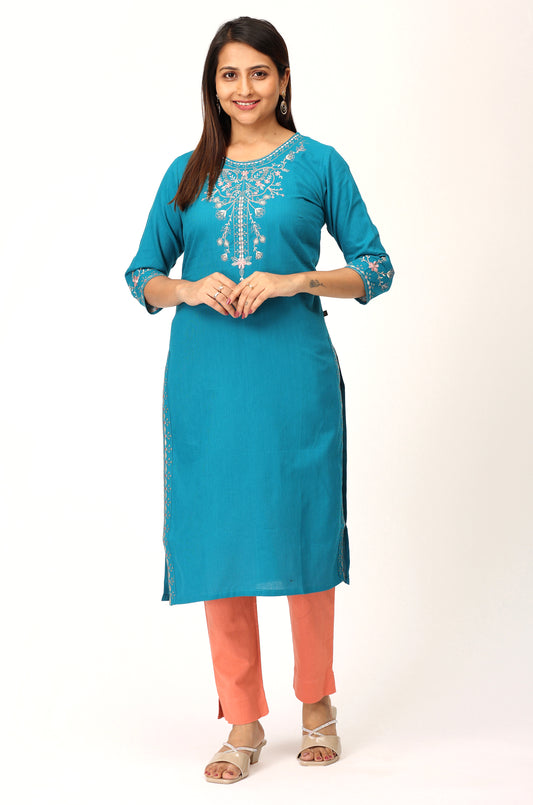 Peacock Blue Khadi Embroidery Straight Kurti