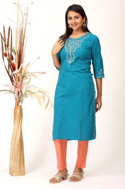 Peacock Blue Khadi Embroidery Straight Kurti