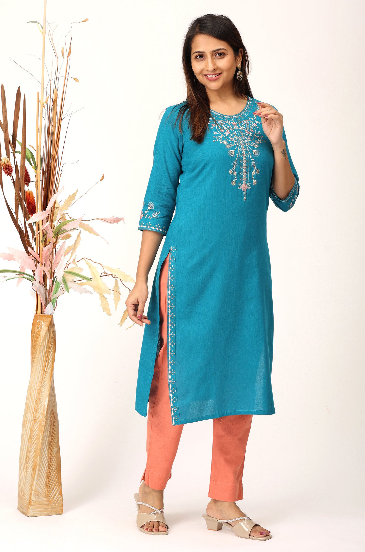 Peacock Blue Khadi Embroidery Straight Kurti