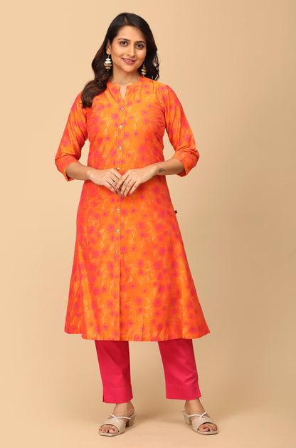 Orange Slub Silk Printed A-Line Kurti