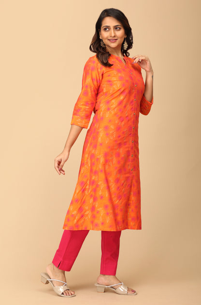 Orange Slub Silk Printed A-Line Kurti