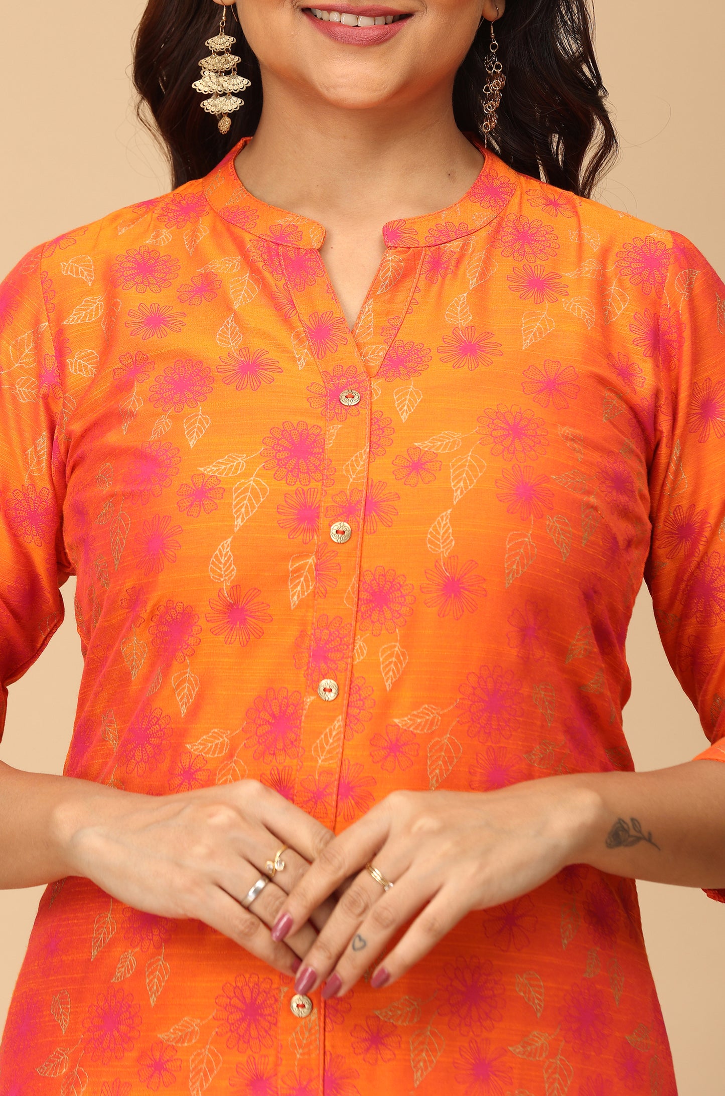 Orange Slub Silk Printed A-Line Kurti