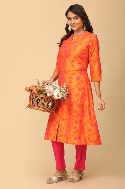 Orange Slub Silk Printed A-Line Kurti