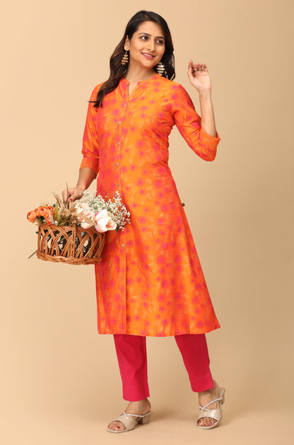 Orange Slub Silk Printed A-Line Kurti