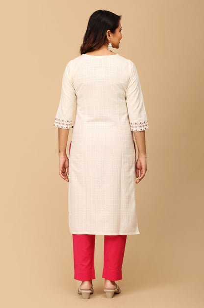 Off White Viscose Embroidery Straight Kurti