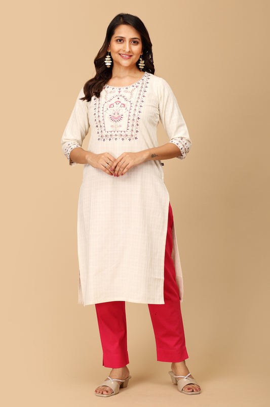 Off White Viscose Embroidery Straight Kurti