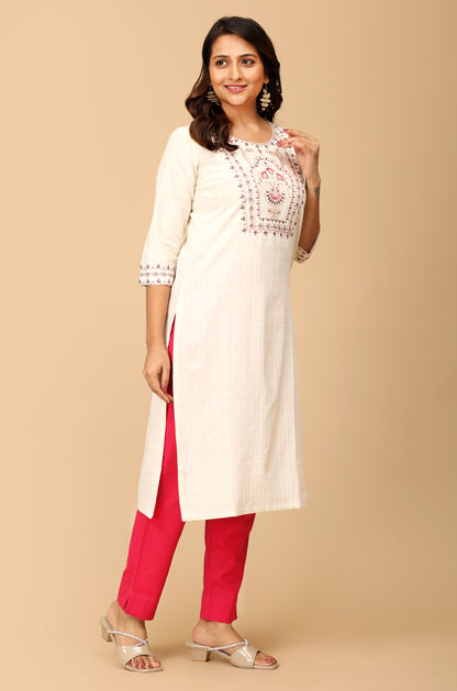 Off White Viscose Embroidery Straight Kurti