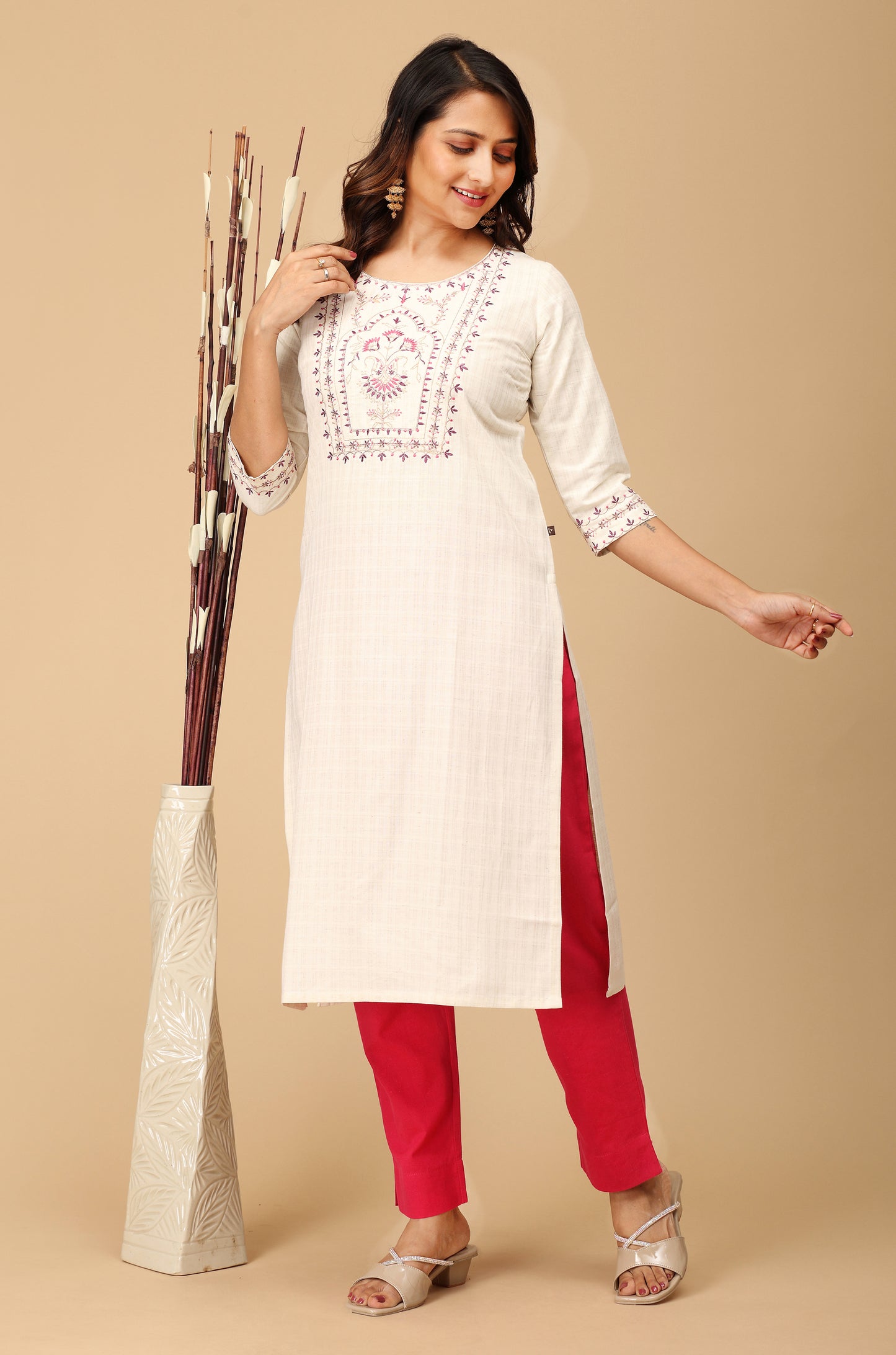 Off White Viscose Embroidery Straight Kurti