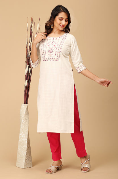 Off White Viscose Embroidery Straight Kurti