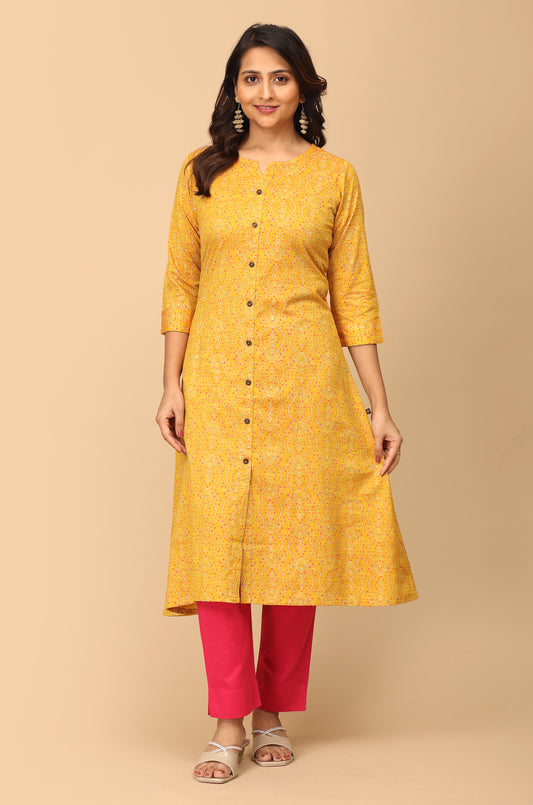 Mustard Rayon Slub Printed A-Line Kurti