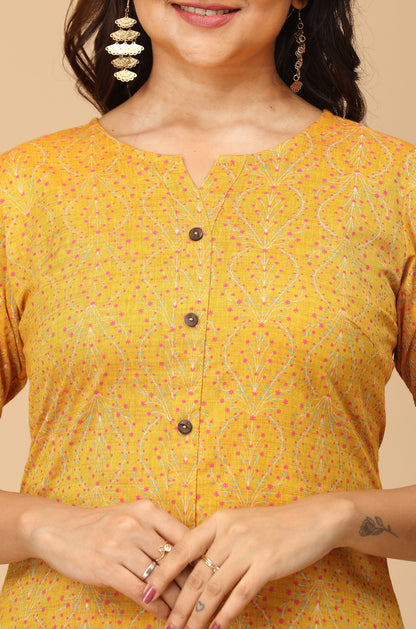 Mustard Rayon Slub Printed A-Line Kurti