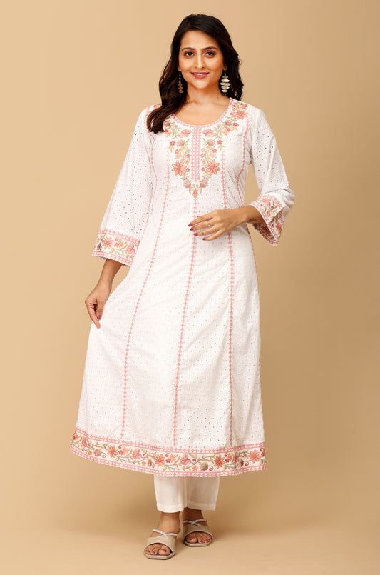 White Schiffli Embroidery A-Line Kurti Set - 3Pcs