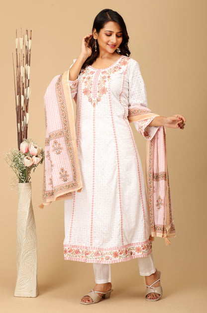 White Schiffli Embroidery A-Line Kurti Set - 3Pcs