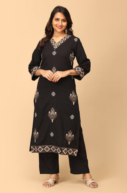 Black Cotton Flex Embroidery Straight Kurti Set - 2Pcs