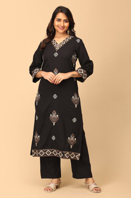 Black Cotton Flex Embroidery Straight Kurti Set - 2Pcs