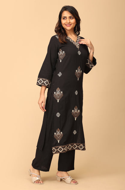 Black Cotton Flex Embroidery Straight Kurti Set - 2Pcs
