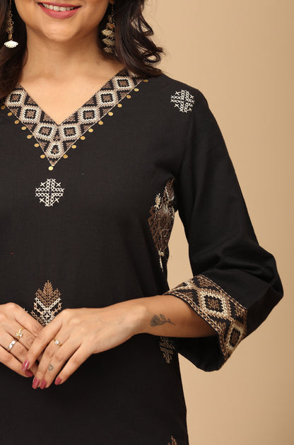 Black Cotton Flex Embroidery Straight Kurti Set - 2Pcs