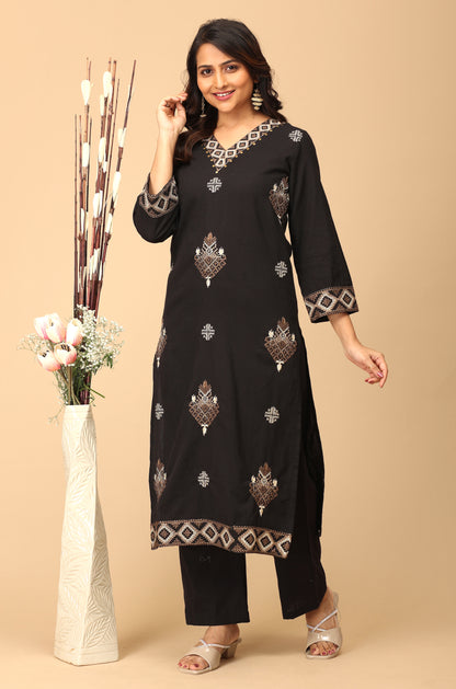 Black Cotton Flex Embroidery Straight Kurti Set - 2Pcs