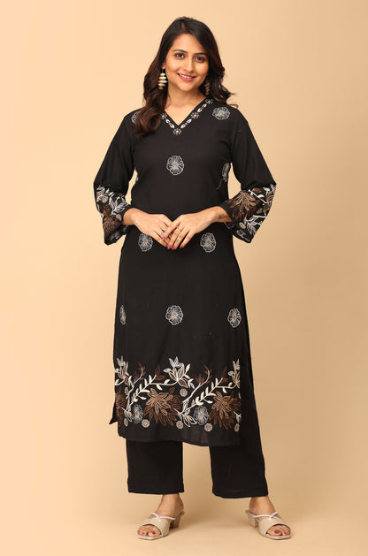 Black Cotton Flex Embroidery Straight Kurti Set - 2Pcs