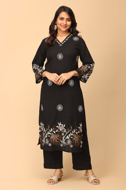 Black Cotton Flex Embroidery Straight Kurti Set - 2Pcs
