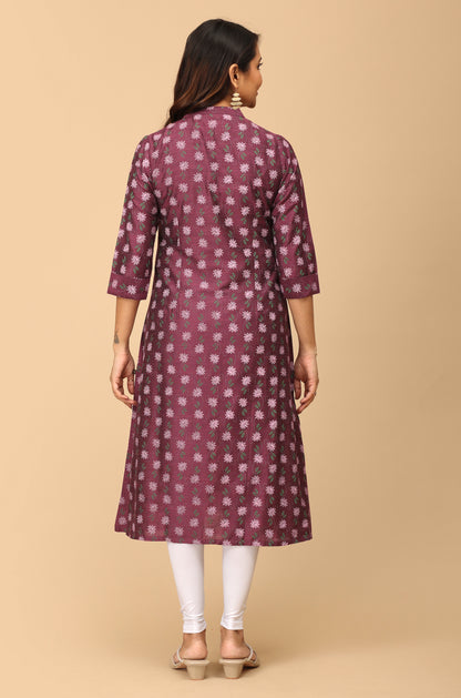 Dark Mauve Slub Silk Printed A-Line Kurti