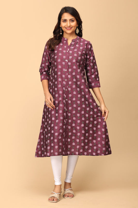 Dark Mauve Slub Silk Printed A-Line Kurti