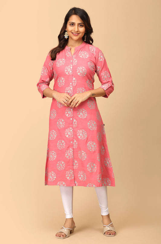 Peach Rayon Slub Printed A-Line Kurti