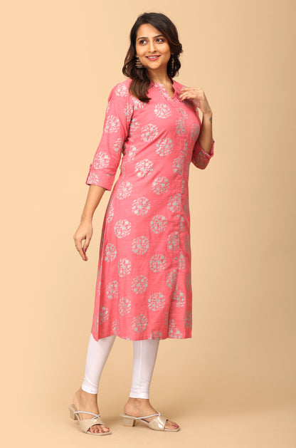 Peach Rayon Slub Printed A-Line Kurti