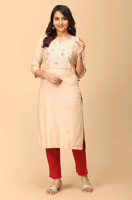 Beige Rayon Slub Embroidery Straight Kurti