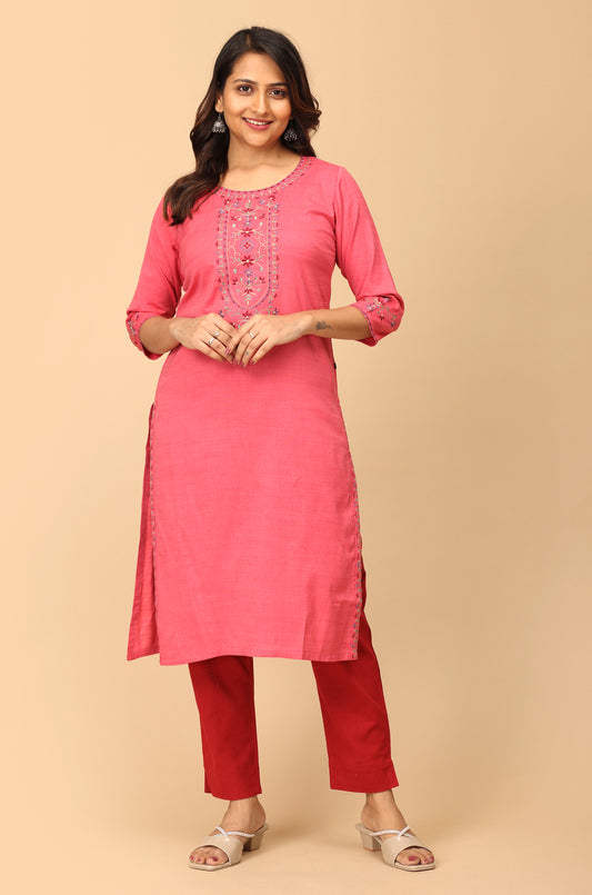 Pink Rayon Slub Embroidery Straight Kurti