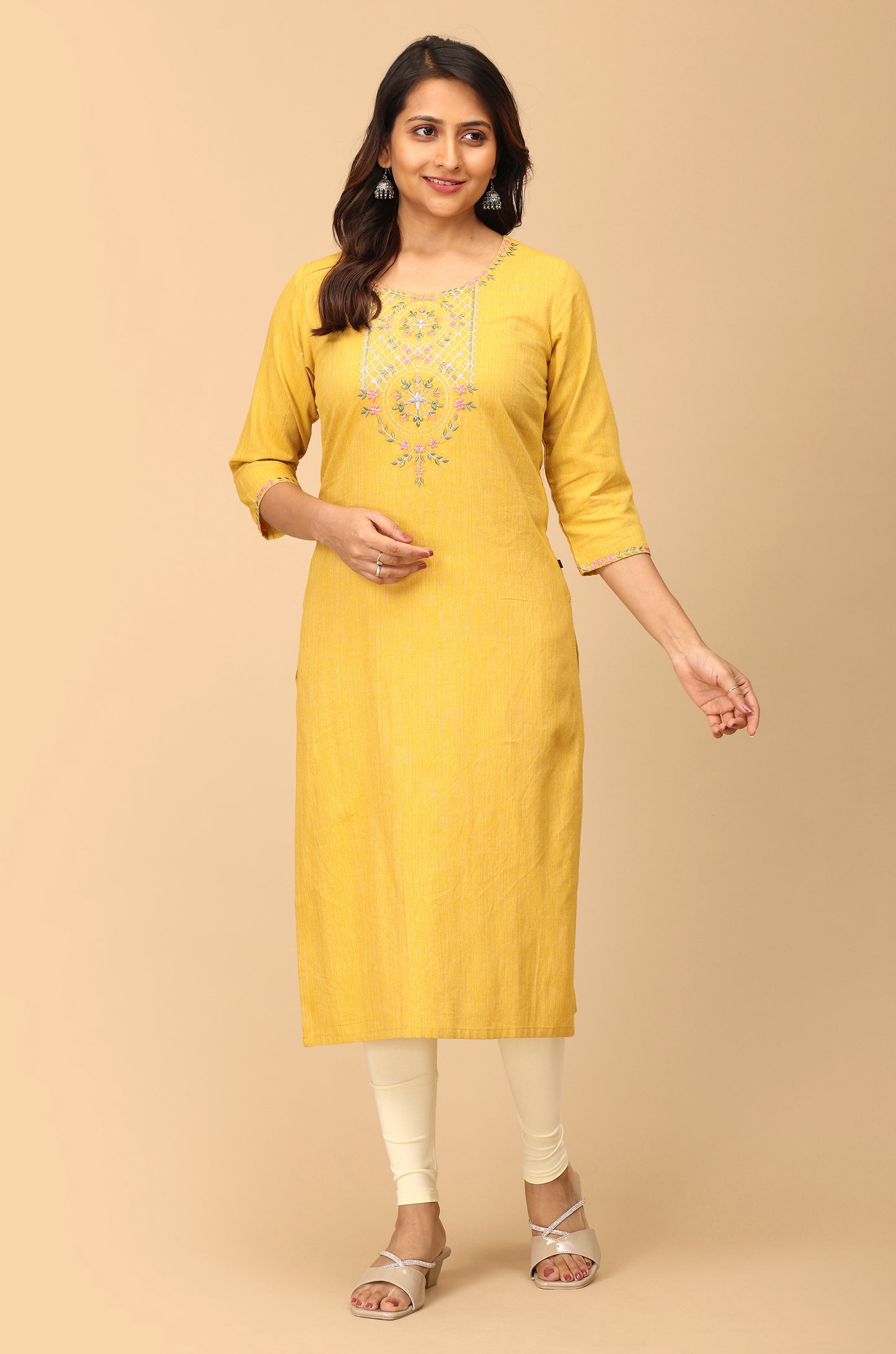 Mustard Khadi Embroidery Kurti