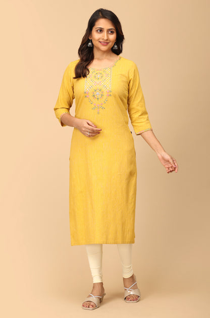 Mustard Khadi Embroidery Kurti