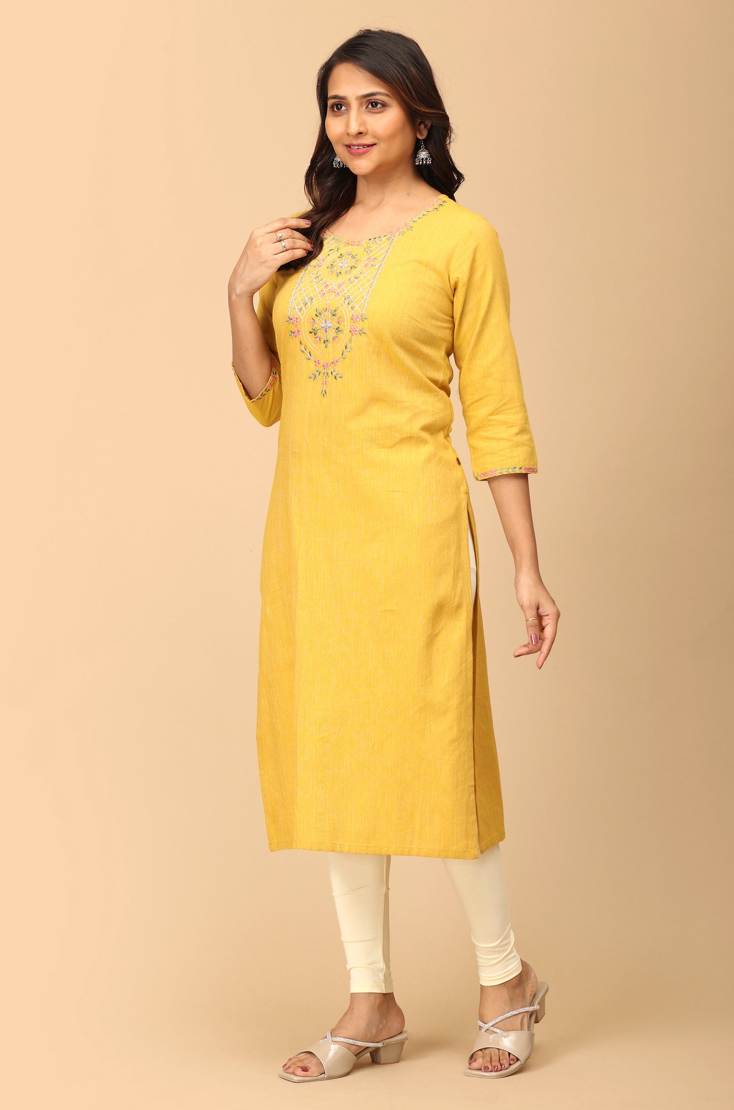 Mustard Khadi Embroidery Kurti