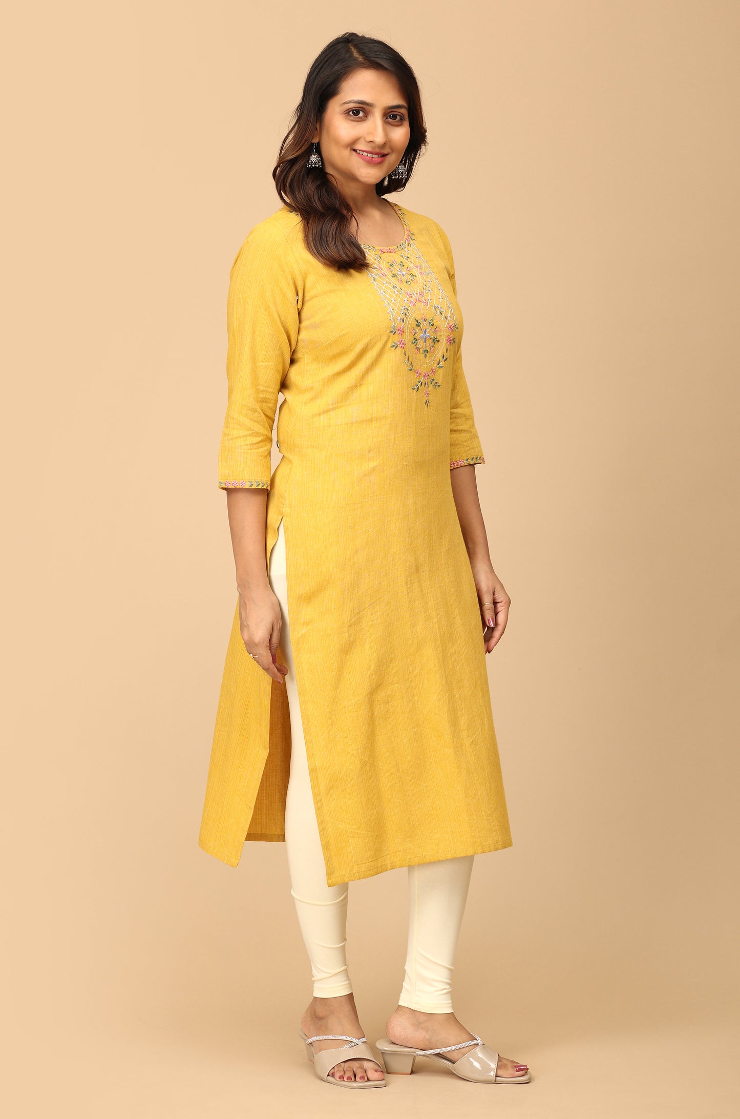 Mustard Khadi Embroidery Kurti