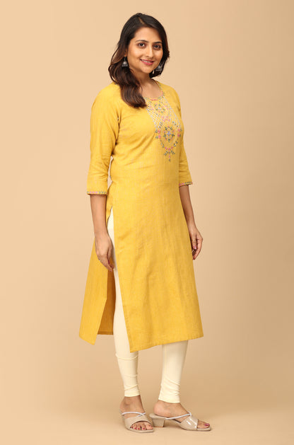 Mustard Khadi Embroidery Kurti